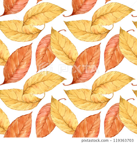 Seamless texture. Autumn leaves painted with watercolors on an isolated background. Leaf fall 2024, yellow, red leaves for printing on fabric, paper, wallpaper, packaging. Seamless texture. Autumn leaves painted with watercolors on an isolated background. Leaf fall 2024, yellow, red leaves for printing on fabric, paper, wallpaper, packaging. 119363703