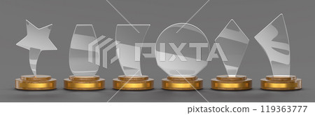Glass award mockup on golden pedestal 3d render icon set. Crystal star trophy, transparent prize plate on gold base. Acrylic winner cup for sport competition and business achievement. 3D illustration Glass award mockup on golden pedestal 3d render icon set. Crystal star trophy, transparent prize plate on gold base. Acrylic winner cup for sport competition and business achievement. 3D illustration 119363777
