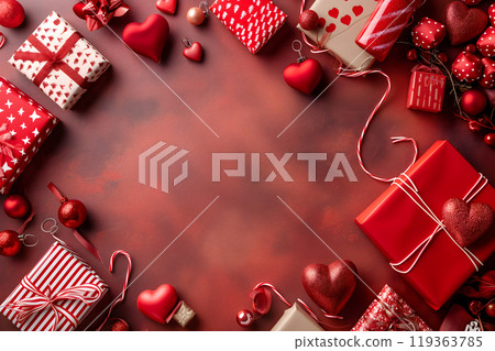 top view Valentines Day or birthday party layout with red decor top view Valentines Day or birthday party layout with red decor 119363785