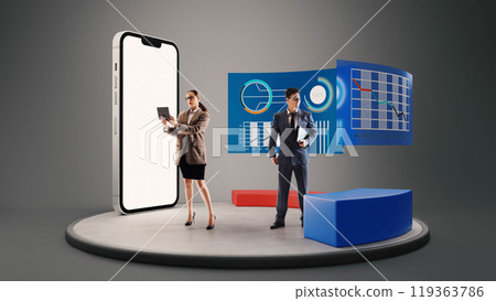 Professionals engage in brainstorming with digital projections in background. Giant smartphone represents the importance of technology in business. 3D rendering. 119363786