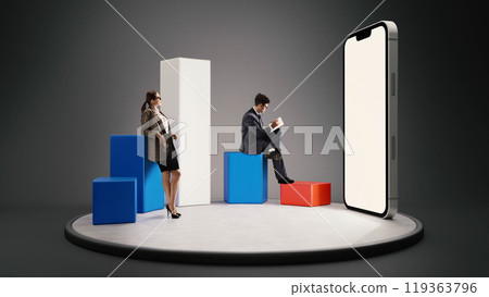 3D rendering. Sitting in bold geometric shapes, young people, man and woman, works in team contemplates strategies through their digital devices. 119363796