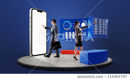 3D rendering. Man and woman, business partners, discuss data analytics, blending traditional business with new digital innovations. 3D rendering. Man and woman, business partners, discuss data analytics, blending traditional business with new digital innovations. 119363797