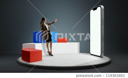 3D rendering. Businesswoman dressed formal attire, points at smartphone, with negative space, guiding towards digital success. 3D rendering. Businesswoman dressed formal attire, points at smartphone, with negative space, guiding towards digital success. 119363801