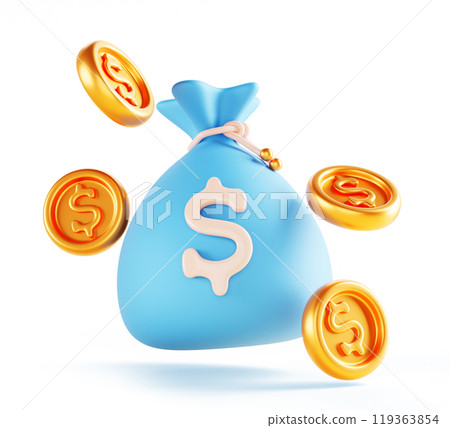 3d blue money bag with dollar sign and flying gold coin isolated render icon. Concept of business success, financial profit, cash, bank loan, investment, deposit or jackpot in casino. 3D illustration 119363854