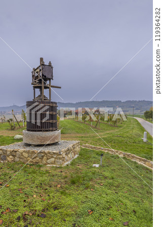 Old wine press near Castello di Razzano and Alfiano Natta, Barolo wine region, province of Cuneo, region of Piedmont, Italy 119364282