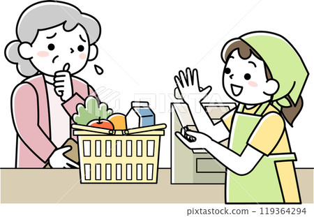 一位在收銀台遇到麻煩的高級女士和一名店員微笑著禮貌地回應 一位在收銀台遇到麻煩的高級女士和一名店員微笑著禮貌地回應 119364294