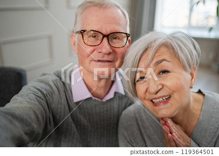 Happy senior woman man talk on video call with friends family. Mature old grandmother grandfather talking speaking with grown up children online. Older generation modern tech usage. Webcamera view Happy senior woman man talk on video call with friends family. Mature old grandmother grandfather talking speaking with grown up children online. Older generation modern tech usage. Webcamera view 119364501