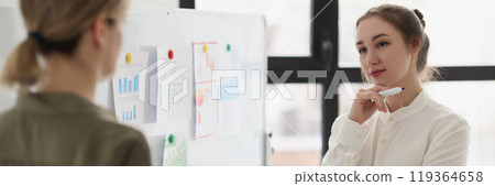 Colleagues stand near whiteboard with investigation papers 119364658