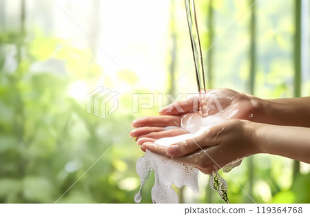 Image of a woman washing her hands 119364768