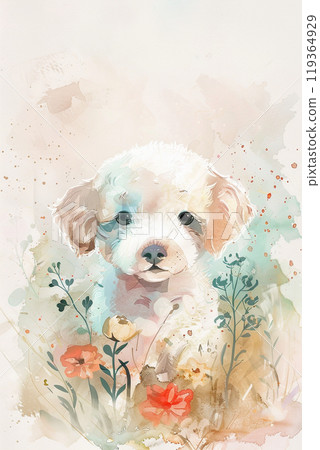 Flower field and white puppy 5 119364929