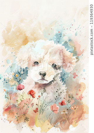 Flower field and white puppy 1 119364930