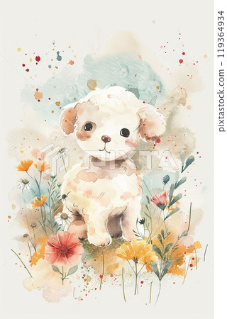 Flower field and white puppy 3 119364934