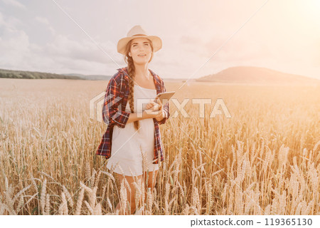 Woman wheat field. Agronomist, Woman farmer check golden ripe barley spikes in cultivated field. Closeup of female hand on plantation in agricultural crop management concept. Slow motion 119365130