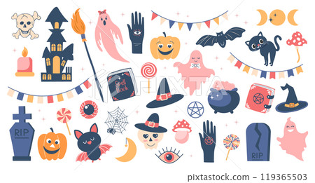 Halloween cute set of elements. Pumpkins, spell book, scary cat, bat, ghosts, witch hat. Flat style illustration 119365503