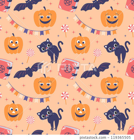 Halloween seamless  pattern with cute cats, pumpkins, spell books and bats. Flat style illustration, background for packaging 119365505