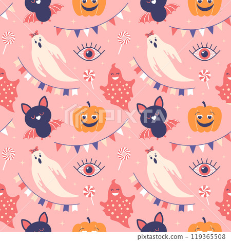 Seamless Halloween pattern with cute ghosts, pumpkins, bats and flags garlands. Flat style illustration 119365508