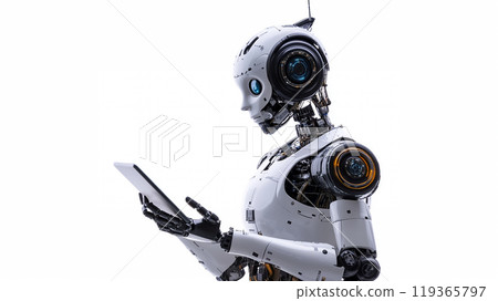 A futuristic robot that operates a tablet 119365797