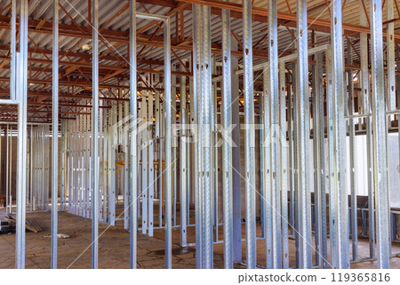 Construction of large commercial building uses steel beams profiles 119365816