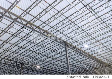 In construction of large commercial building, steel beams profiles are used as frame 119365821