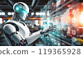 Humanoid robot working in front of a hologram screen AI Artificial Intelligence 119365928