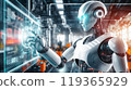 Humanoid robot working in front of a hologram screen AI Artificial Intelligence 119365929