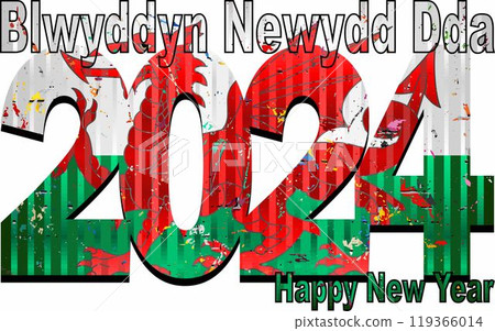 Happy New Year 2025 with Wales flag inside 119366014