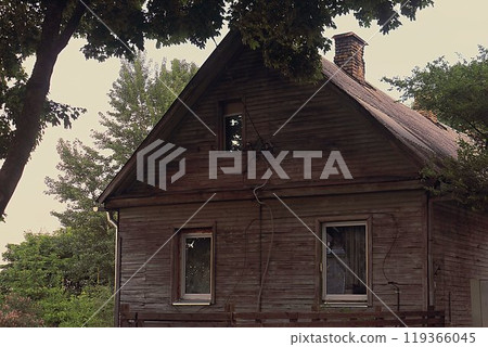 Old wooden plank house standing in greenery on dull day 119366045