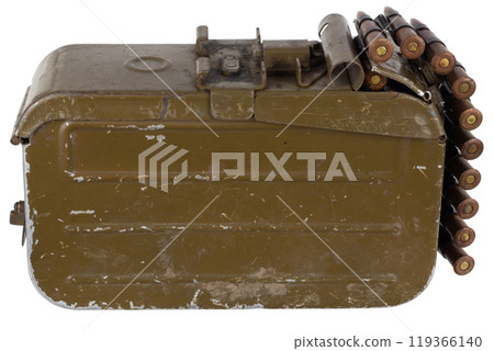 Ammo box with ammunition belt and 7.62 mm cartridges for kalashnikov PK or PKM machine gun isolated on white. 119366140