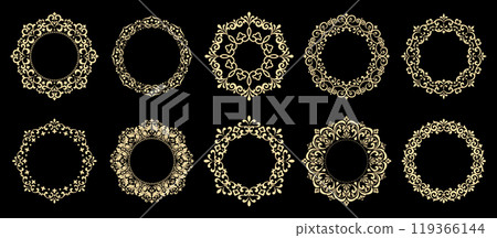Set of decorative frames Elegant vector element for design in Eastern style, place for text. Floral black and golden borders. Lace illustration for invitations and greeting cards Set of decorative frames Elegant vector element for design in Eastern style, place for text. Floral black and golden borders. Lace illustration for invitations and greeting cards 119366144
