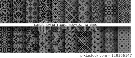 Geometric floral set of seamless patterns. Gray and black vector backgrounds. Damask graphic ornaments 119366147