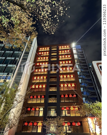 為萬聖節裝飾的建築的夜景 為萬聖節裝飾的建築的夜景 119366233