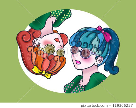 兩個戴眼鏡的女孩,綠色背景,白色圓圈 兩個戴眼鏡的女孩,綠色背景,白色圓圈 119366237