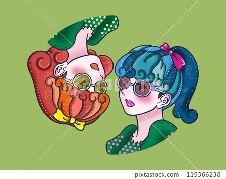 Two girls wearing glasses, green background, green circle 119366238