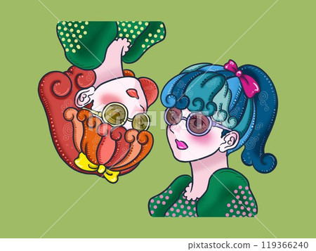 Two girls wearing glasses on a green background 119366240