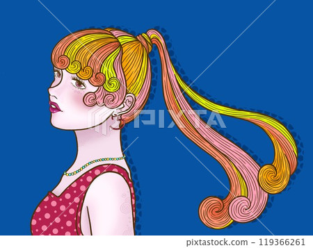 飄逸馬尾的女孩,藍色背景 飄逸馬尾的女孩,藍色背景 119366261