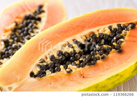 Fresh Sliced Papaya Fruit Closeup 119366266