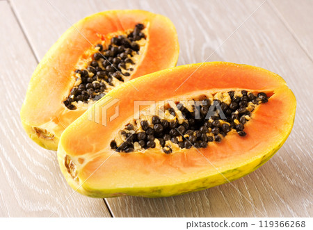 Fresh Sliced Papaya Fruit Closeup 119366268
