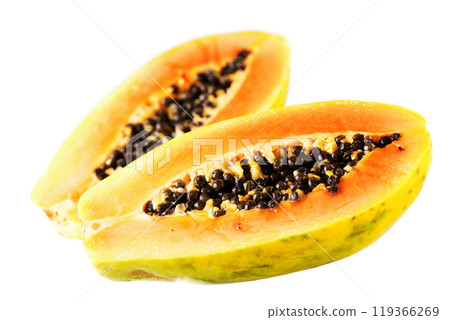 Fresh Sliced Papaya Fruit Isolated on a White Background 119366269