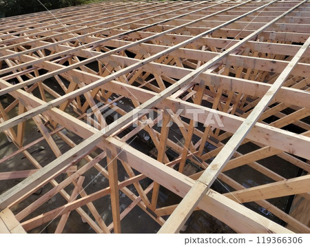 Aerial view of extensive wooden framing and trusses for a large building, emphasizing the orderly layout and construction details 119366306