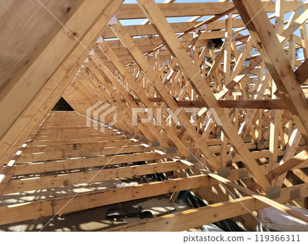 Wooden trusses arranged in a repetitive pattern, creating a tunnel-like effect in a large construction project 119366311
