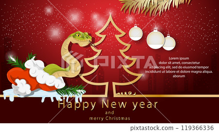 Illustration of the New Year and Christmas A snake crawls out of Santa Claus next to a spruce tree in the form of a contour 119366336
