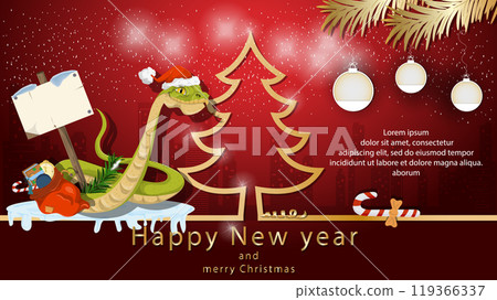 Illustration of the New Year and Christmas A snake holding a wooden sign next to a spruce tree in the form of an outline Illustration of the New Year and Christmas A snake holding a wooden sign next to a spruce tree in the form of an outline 119366337