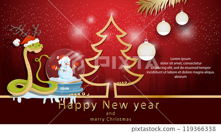 Illustration of the New Year and Christmas a snake with a glass ball next to a fir tree in the form of a contour 119366338