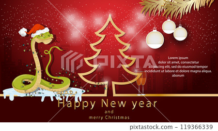 Illustration of the New Year and Christmas A snake wrapped in garlands next to a spruce tree in the form of a contour 119366339