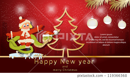 Illustration of the New Year and Christmas A snake wraps around a girl on skates next to a spruce tree in the form of a contour Illustration of the New Year and Christmas A snake wraps around a girl on skates next to a spruce tree in the form of a contour 119366368