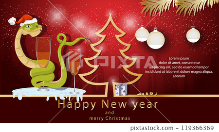 Illustration of the New Year and Christmas A snake wraps around a glass with a drink next to a spruce tree in the form of a contour 119366369