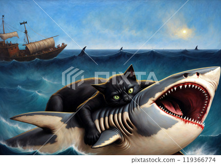 Angry black pirate cat attacks great white shark by biting its neck. Funny illustration of predators in their natural environment. Creative artistic painting	 119366774