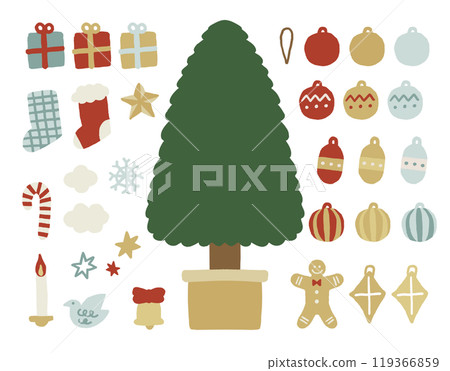 Christmas tree and ornaments hand-drawn illustration set 119366859