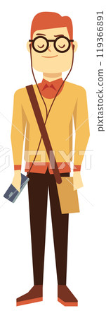 Modern student with audio player and headphones. Young guy listen music Modern student with audio player and headphones. Young guy listen music 119366891