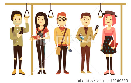 Students in public transport interior. Bus people characters 119366893